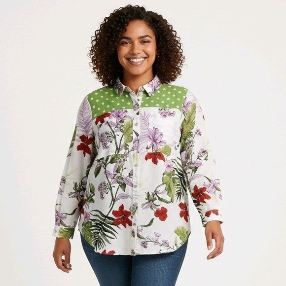 fig and flower Tops - Fig &‎ Flower Tropical Floral Print Polka Dot Button Up Shirt Tunic Blouse 2X
